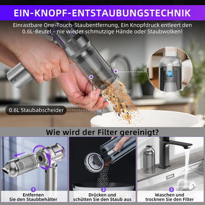 Handstaubsauger Kabellos, 25000Pa Stark & 4 in 1 Akku Staubsauger mit 1-Knopf Selbstentleerung, Bürstenloser Motor Mini Staubsauger, 3 Stufen Saugstärke für Auto, Haus, Tierhaare, Ladegerät, Silber