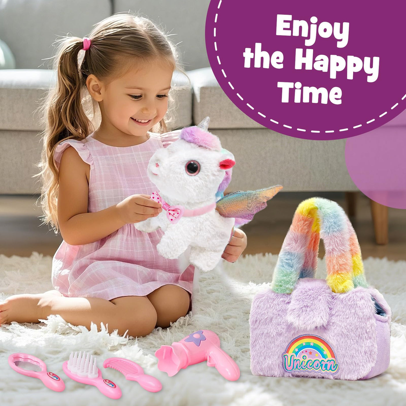 G.C Einhorn Geschenke für Mädchen 3 4 5 6 7 8 Jahre mit Elektrisch Einhorn Kuscheltier Spielzeug der Läuft und Bellt, Plüsch Tasche, Pflege Zubehöre, Interaktiv Unicorn Spielzeug Mädchen Geschenk