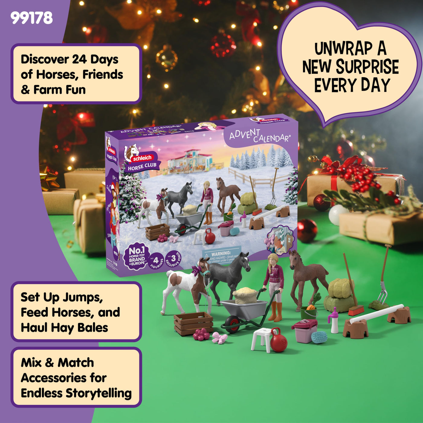 schleich Horse Club | Adventskalender Horse Club 2025 – Weihnachtswunder Fohlenaufzucht 99178 | mit beweglicher Figur Sofia, 3 Pferdefiguren & Zubehör | Geschenkidee für Kinder ab 5 Jahren | 34 Teile
