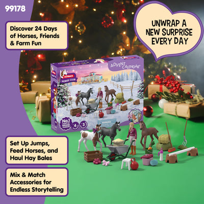 schleich Horse Club | Adventskalender Horse Club 2025 – Weihnachtswunder Fohlenaufzucht 99178 | mit beweglicher Figur Sofia, 3 Pferdefiguren & Zubehör | Geschenkidee für Kinder ab 5 Jahren | 34 Teile