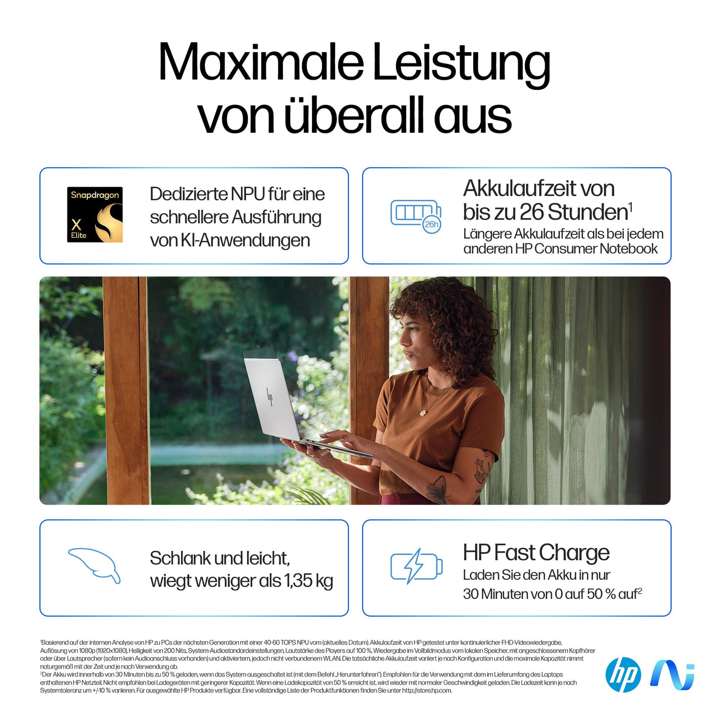 HP OmniBook X Next Gen AI Laptop | Qualcomm Snapdragon X Elite X1E-78-100 (12C) mit dedizierte NPU für KI | 45 NPU TOPS | Copilot+ PC | 14" 2,2K Touchscreen | 16 GB RAM | 1TB SSD | Win11 | Silber