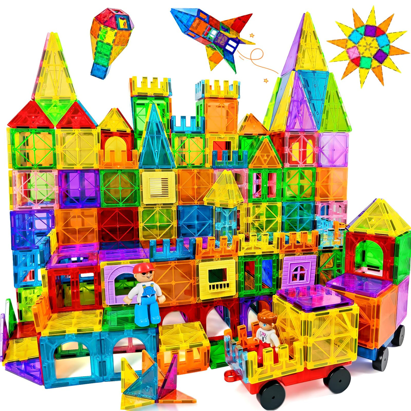 120pcs Magnetische Bausteine Spielzeug mit 2 Magnetfiguren und 2 Autos, Magnetbausteine für 3 4 5 6 7 Jahre kinder, Montessori Magneten Set Spielzeug Geschenk für Kinder ab 4-8 Jahre Junge Mädchen