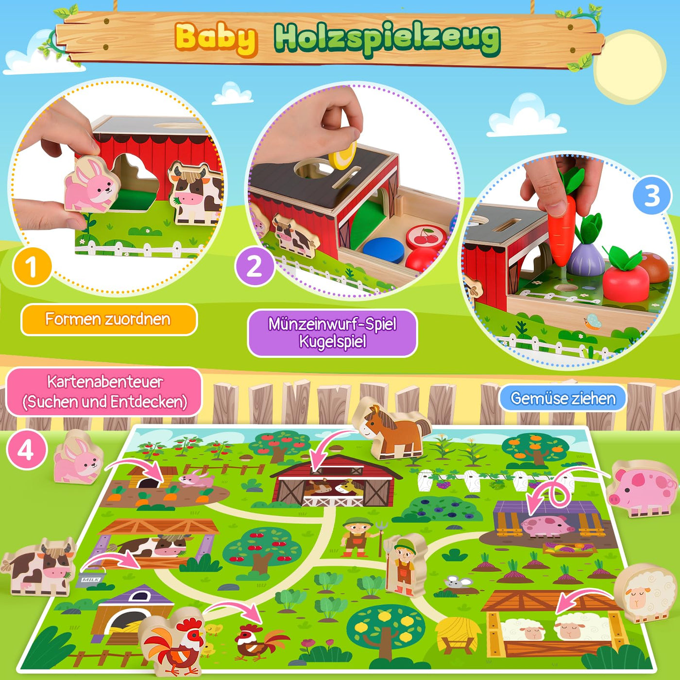 Montessori Spielzeug ab 1 2 Jahr: Geschenk Junge Mädchen 1-2 Jahre Kinderspielzeug Motorikwürfel Holzspielzeug Farmspiel mit Karte Karotten Steckspiel Lernspiel Kleinkinder ab 12 Monate Activity Spiel