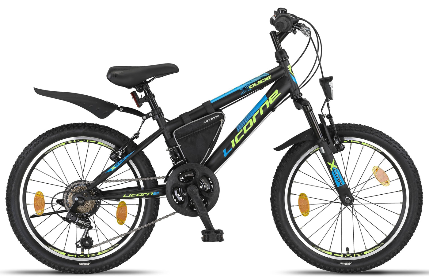 Licorne Bike Guide Premium Mountainbike in 20, 24, 26, 27.5 und 29 Zoll Fahrrad für Mädchen Jungen Herren und Damen (20 Zoll, Schwarz/Blau/Lime)