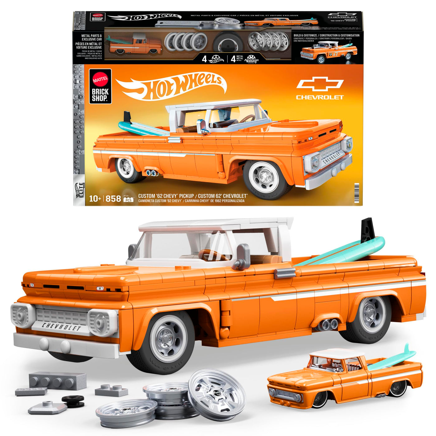 Mattel Brick Shop Hot Wheels Elite Serie Bauset, Custom ’62 Chevy Pickup mit 858 Teilen, realistischen Details und individuellen Aufklebern, für Sammler und Kinder ab 10 Jahren, JFT20