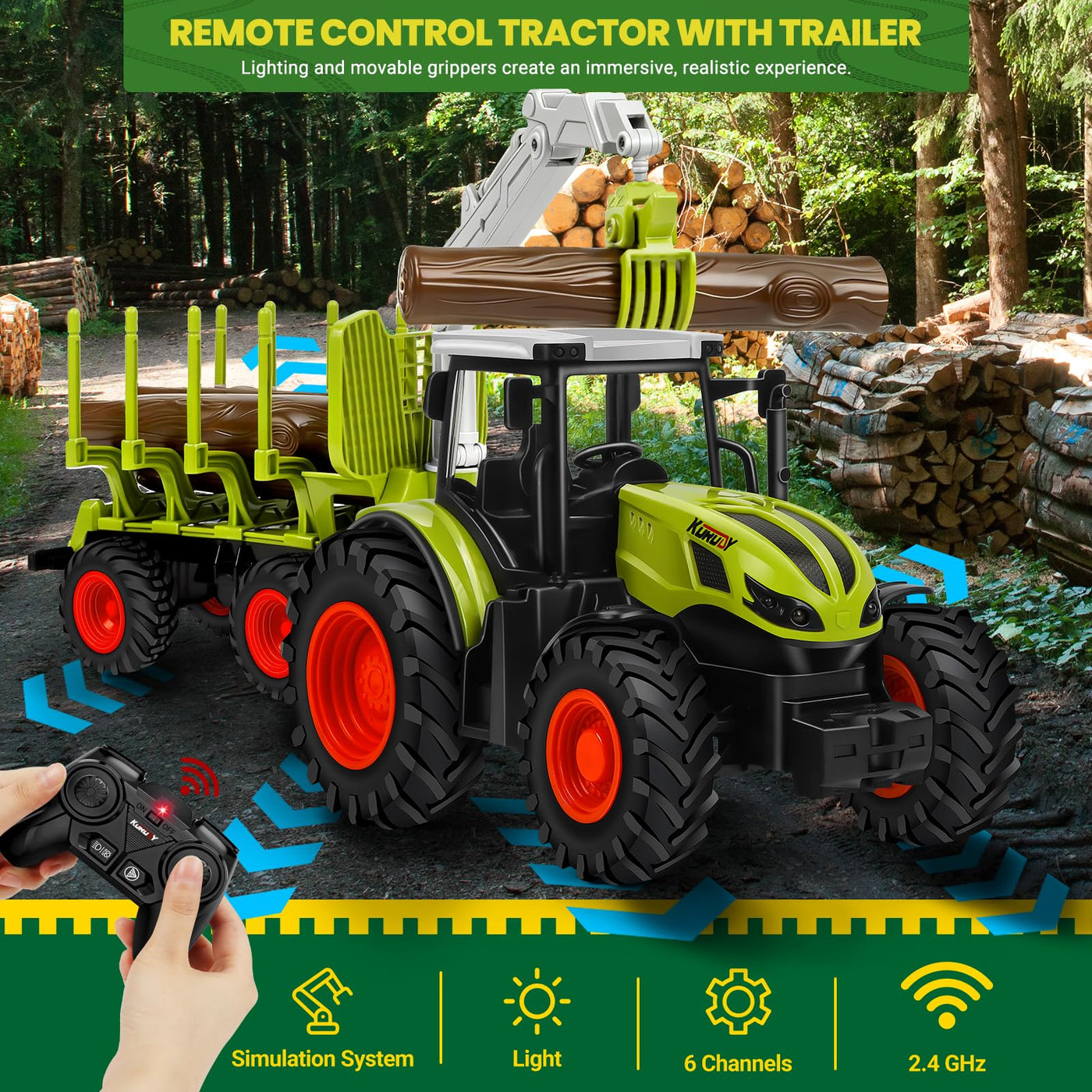 BuzzoXerex Ferngesteuerter Traktor Ferngesteuert, 1:16 RC Traktor mit Anhänger und Licht, 2.4 GHz Traktor Spielzeug mit Baumstämme, Kuh und Heuballen, Geschenk für Kinder ab 3 4 5 6 Jahre