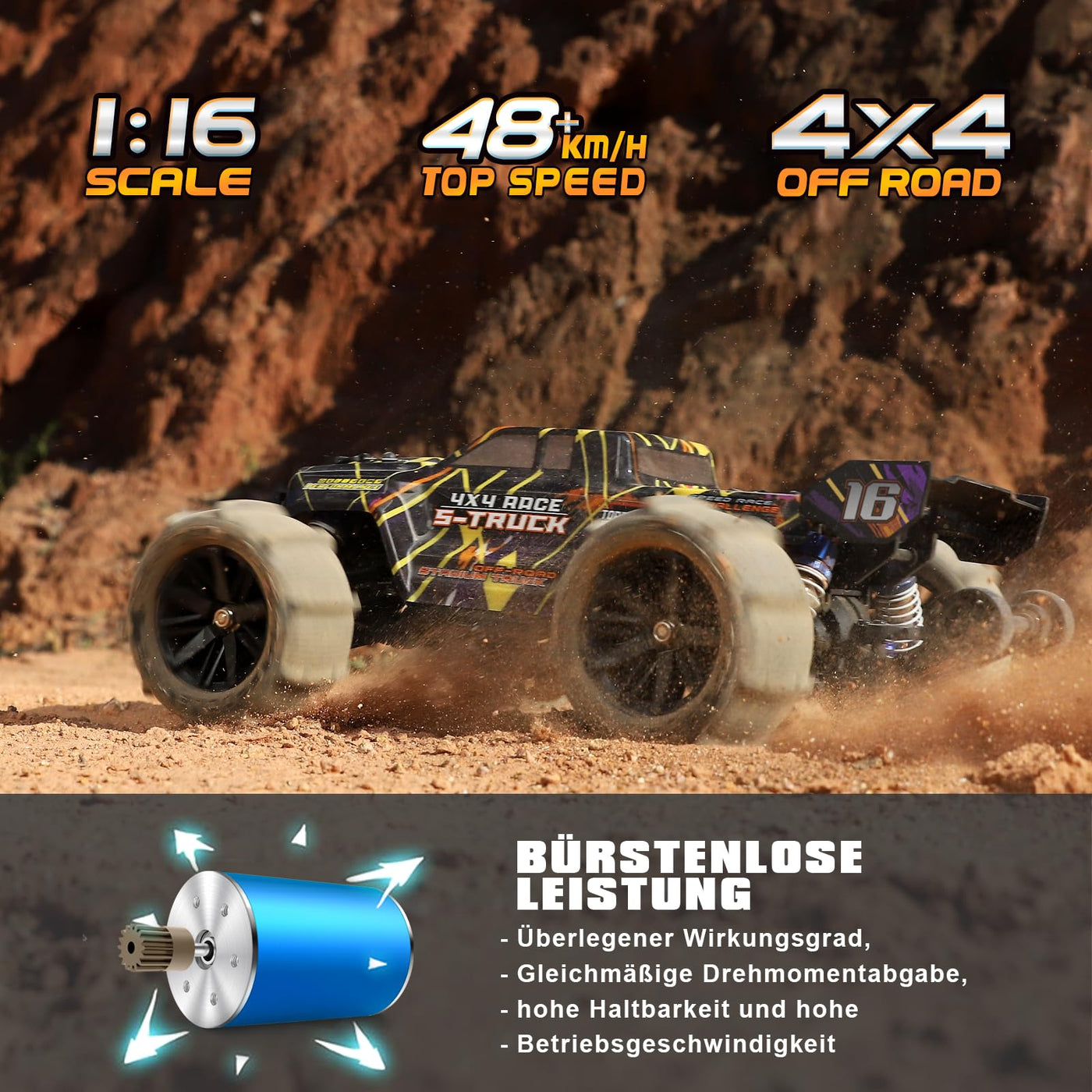 HAIBOXING Bürstenlose Fernbedienungs Auto 16890A 1/16 RC Auto 48 km/h Top Speed, Hobby Ferngesteuertes Auto für Erwachsene und Jungen All Terrain Off-Road Truck mit Spare Paddle Tires für Sand Land