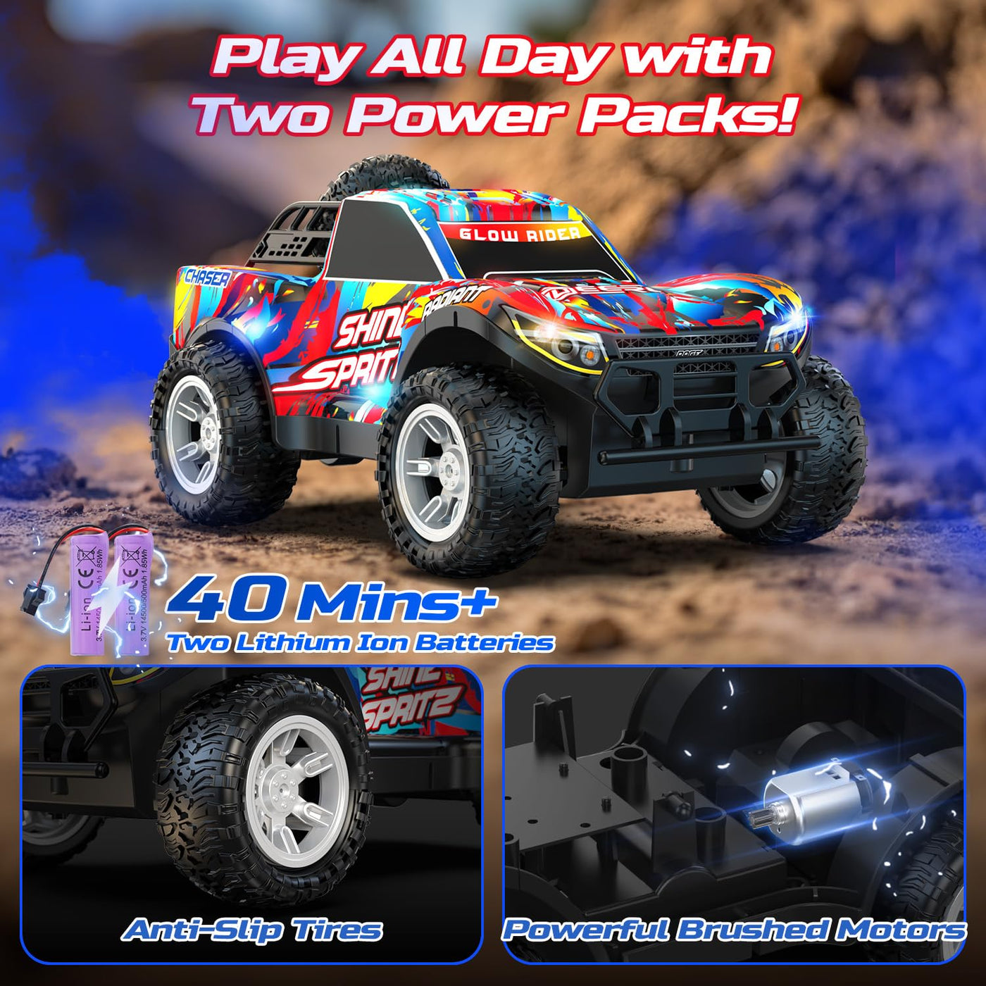 DEERC RC-Auto für Kinder 4-8 Jahre, All-Terrain Sprühfunktion RC Truck, Musik & LED-Lichtern, 2.4 GHz Fernsteuerungsauto, 2 Akkus,40 Min. Geschenk-Spielzeug für Kinder Indoor & Outdoor