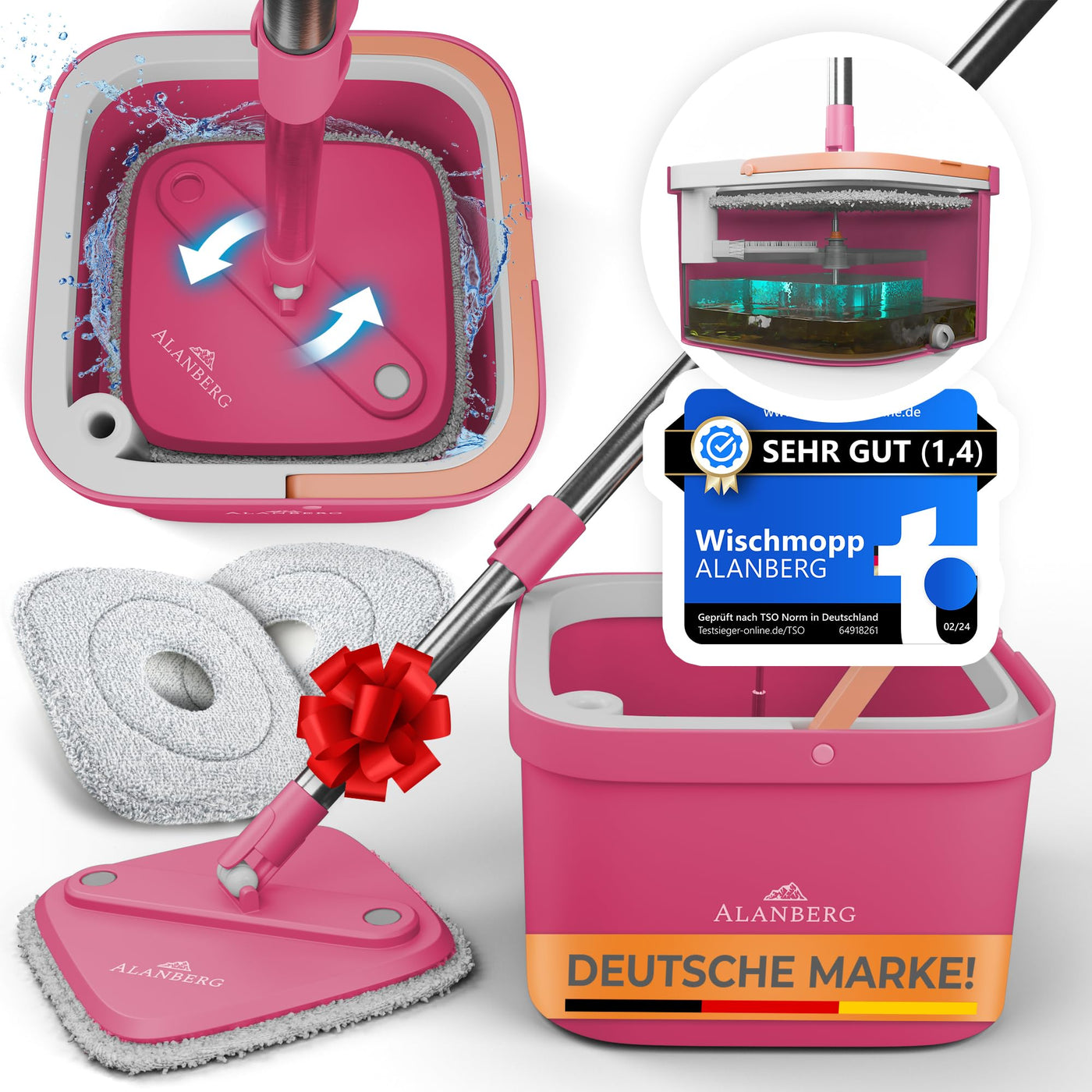 ALANBERG® Wischmopp Set mit Eimer – 2-Kammer-System für Schmutz- & Frischwassertrennung – Selbstauswringend, Mikrofaser Wischpads – Bodenwischer für alle Böden, Rosa