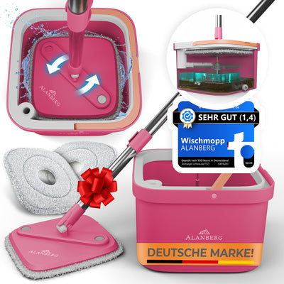 ALANBERG® Wischmopp Set mit Eimer – 2-Kammer-System für Schmutz- & Frischwassertrennung – Selbstauswringend, Mikrofaser Wischpads – Bodenwischer für alle Böden, Rosa