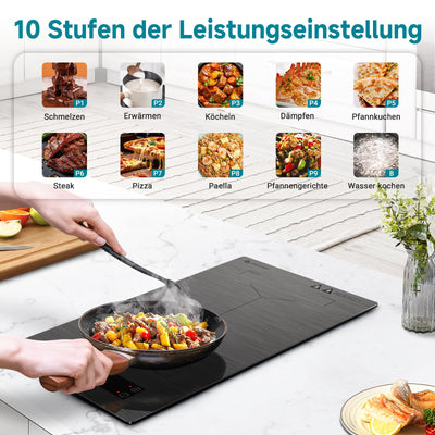 AMZCHEF Induktionskochfeld 2 platten, induktionskochplatte mit Flexzonen und Stecker, 10 Leistungsstufen, Sicherheitsschloss und Timer, Überhitzungsschutz, Berührungssteuerung, BBQ, 3300W(Grau)