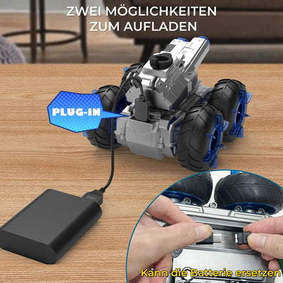 funnykid 3-in-1 RC Panzer 4WD Amphibienfahrzeug mit Wasserkanonen, LED-Lichtern & 2 Akkus (45+ Min Laufzeit) – Ferngesteuertes Auto für Kinder 6 7 8 9 10 11 12, Geländewagen für Land & Wasser