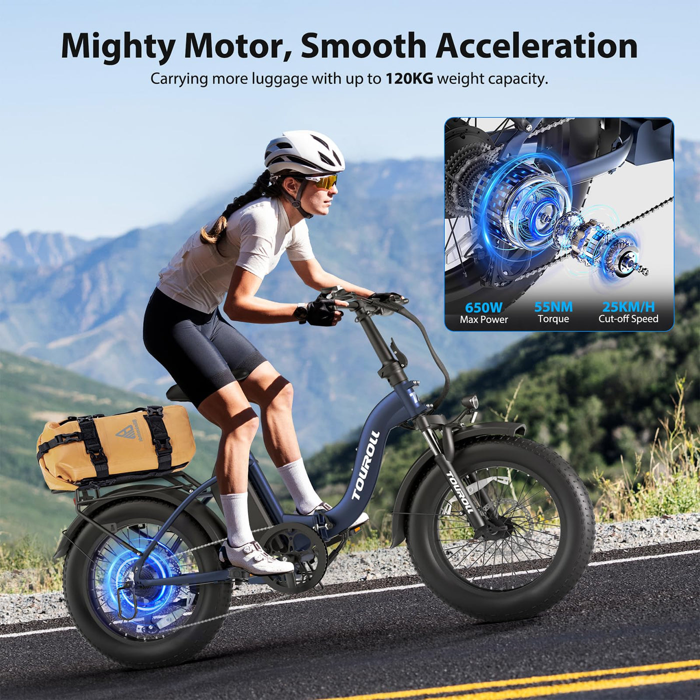 Touroll Klapprad E Bike, 20 * 4 Zoll Elektrofahrräder mit 48v 15Ah Akku, 25km/h, Reichweite bis zu 120-150km, 250W 55N.M Motor E-Bike mit 7-Gang, LCD-Display, Elektrofahrrad für Herren Damen