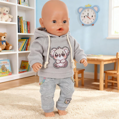 4 Stück Puppenkleidung für 14–18 Zoll große Babypuppen, 35-45cm Baby Puppen Outfits mit Koala, 43cm Süße PuppenKleidung Zubehör mit grau Koalahoodie + Hose + Socken + Kleiderbügel