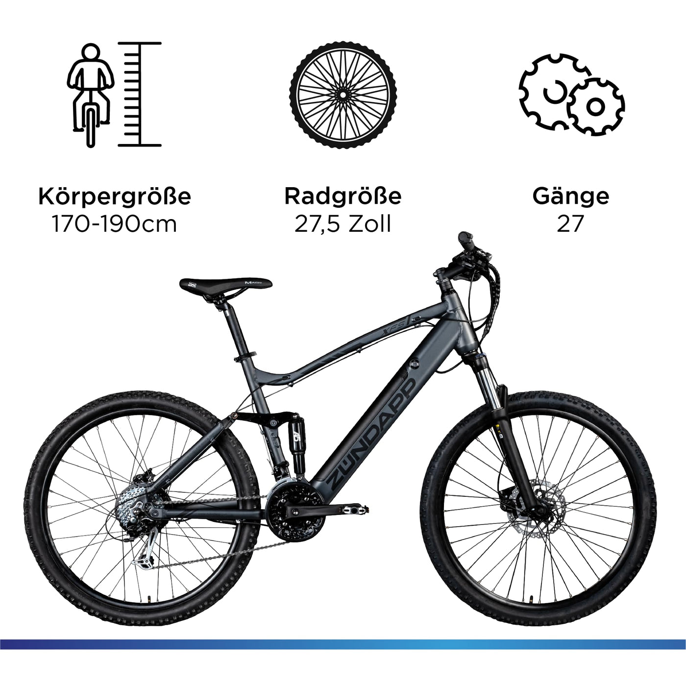 ZÜNDAPP XFS Ebike 27,5 Zoll Fully MTB Fahrrad für Damen und Herren 170-190 cm Elektrofahrrad Hinterradmotor 27 Gang Scheibenbremse E Bike 504 Wh Akku (schwarz, 48 cm)