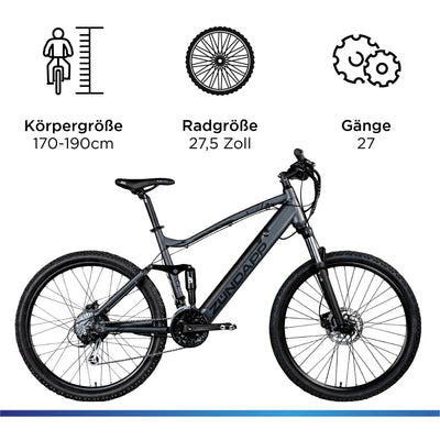 ZÜNDAPP XFS Ebike 27,5 Zoll Fully MTB Fahrrad für Damen und Herren 170-190 cm Elektrofahrrad Hinterradmotor 27 Gang Scheibenbremse E Bike 504 Wh Akku (schwarz, 48 cm)