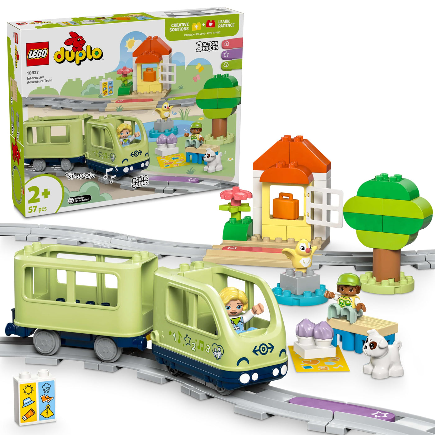 LEGO DUPLO Interaktive Abenteuer-Eisenbahn - Lernspielzeug für Kleinkinder ab 2 Jahren – 14 Gleisstücke, Aktionssteine mit Geräuschen und 4 Spielfiguren – Geschenkidee für Jungen & Mädchen - 10427