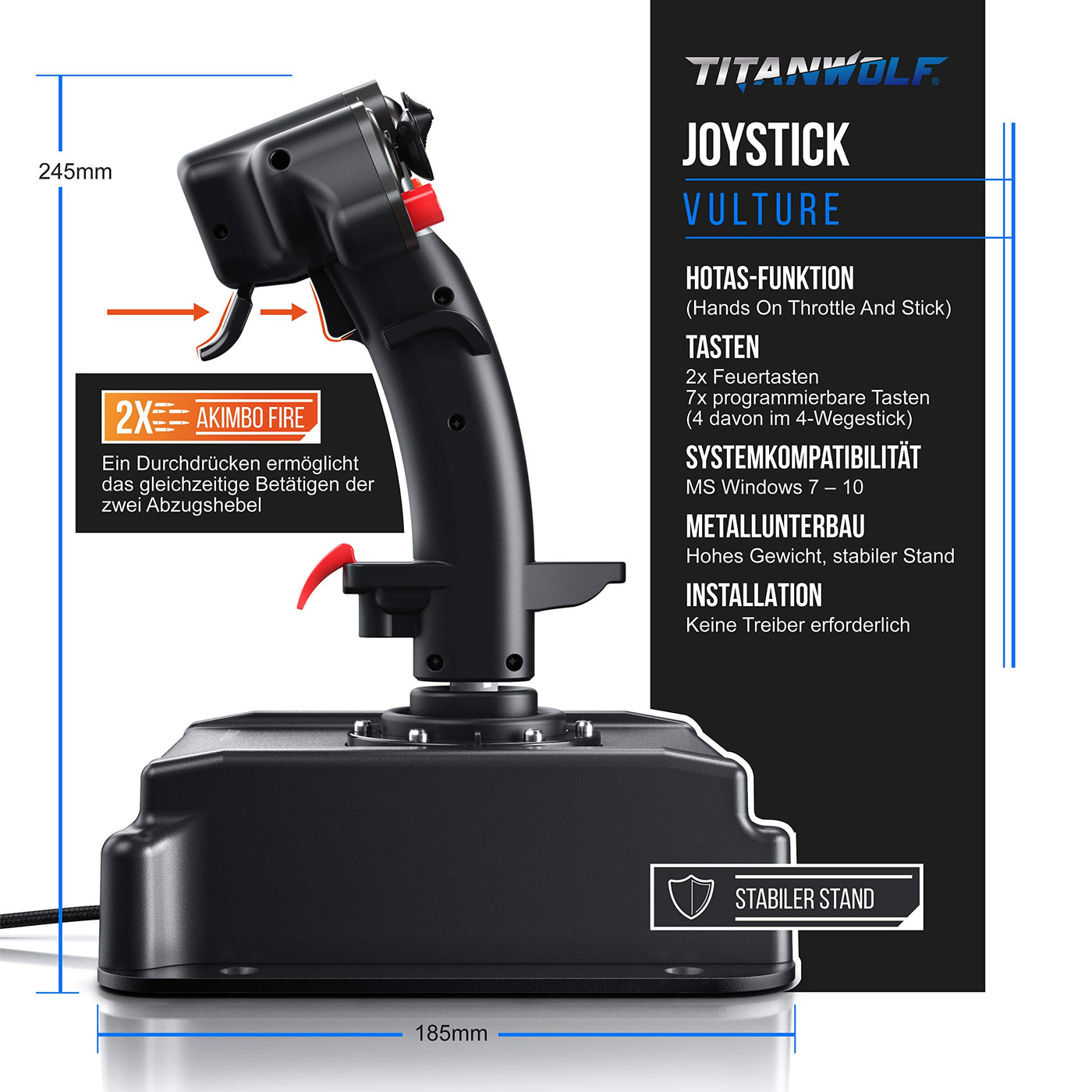 Titanwolf - PC Joystick - Flight Stick – Vierweg Joystick – HOTAS Funktion - stufenloser Schubregler – Hat Switch Achtwege Stick - 4 Buttons D-Pad - 3 Modi – Gashebel – Ruder – 9 Knöpfe-23 Funktionen