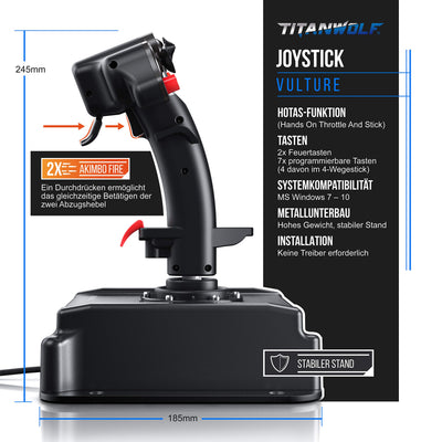 Titanwolf - PC Joystick - Flight Stick – Vierweg Joystick – HOTAS Funktion - stufenloser Schubregler – Hat Switch Achtwege Stick - 4 Buttons D-Pad - 3 Modi – Gashebel – Ruder – 9 Knöpfe-23 Funktionen