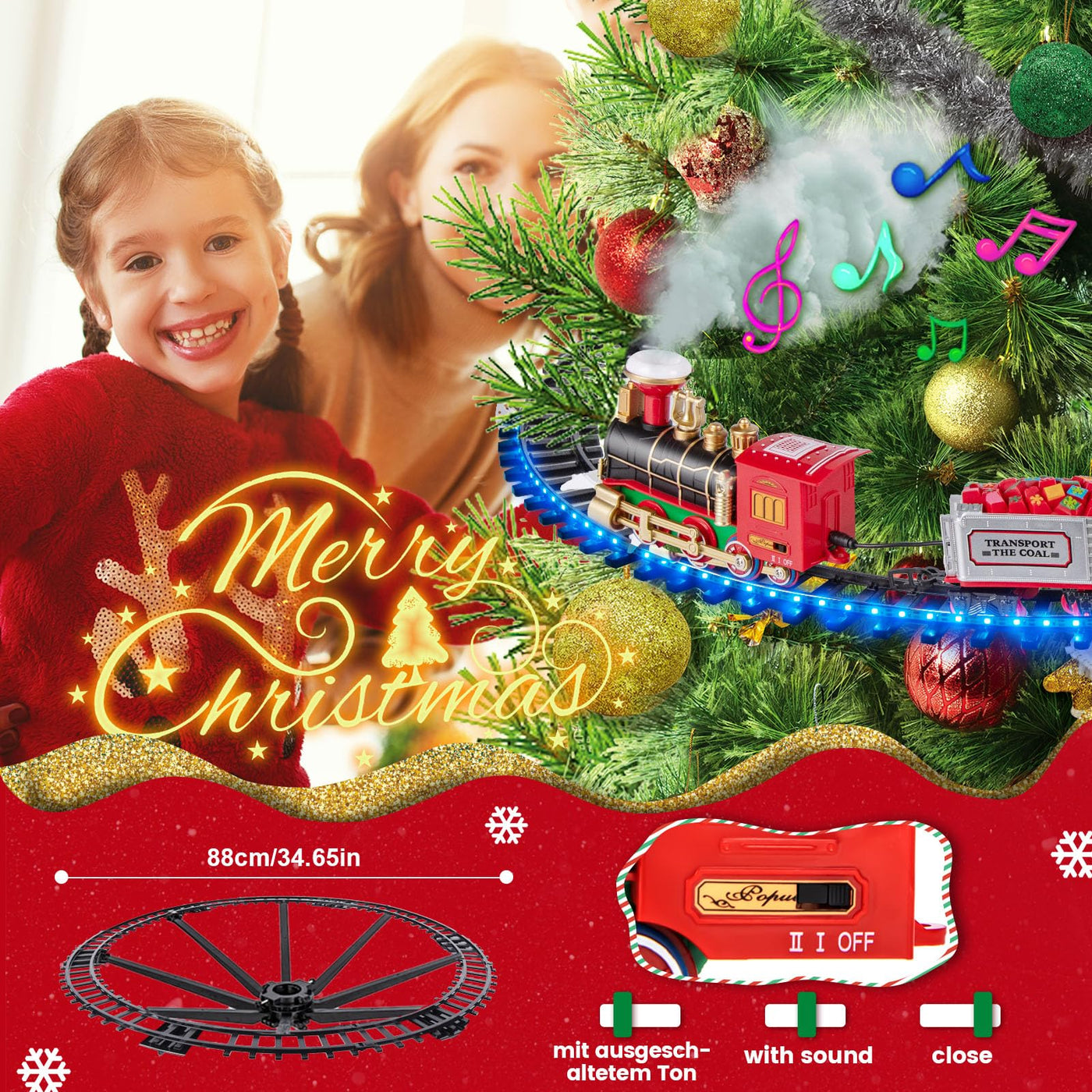 BuzzoXerex Eisenbahn Weihnachtsbaum Elektrisch, Zug Weihnachtsbaum, Weihnachtszug für Den Tannenbaum mit Blauer LED-Lichterkette, Eisenbahn Kinder Elektrisch mit Sound & Dampfeffekt