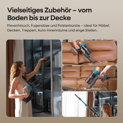 ElecKeys Akku Staubsauger 50000Pa/600W/70Min, Staubsauger Kabellos mit LED Display, 1,8L Akkustaubsauger mit Anti-Tangle-Bürste, Selbststehend für Tierhaare Teppiche Hartböden Auto, Blau, K10