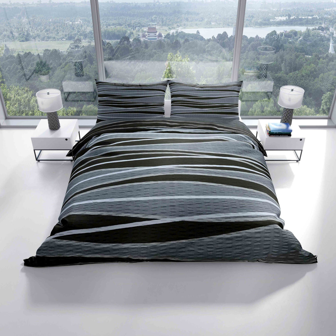 Leonado Vicenti - 4teilig Bettwäsche Seersucker 135x200 cm oder 155x220 cm mit Reißverschluss, Größe:135 x 200 cm, Farbe, Design:Schwarz Welle