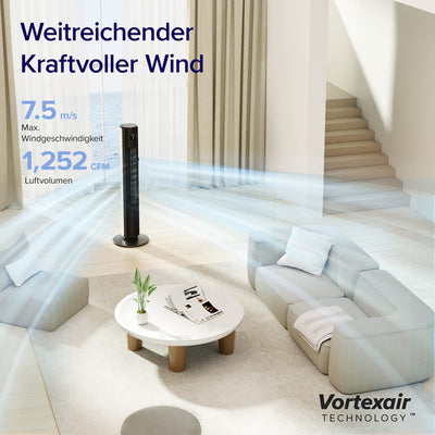 Levoit Turmventilator für Schlafzimmer, 7,5m/s starker 23W energiesparender Ventilator, 25dB sehr leiser Säulenventilator mit Fernbedienung, 12 Geschwindigkeiten 4 Modi, Weiß