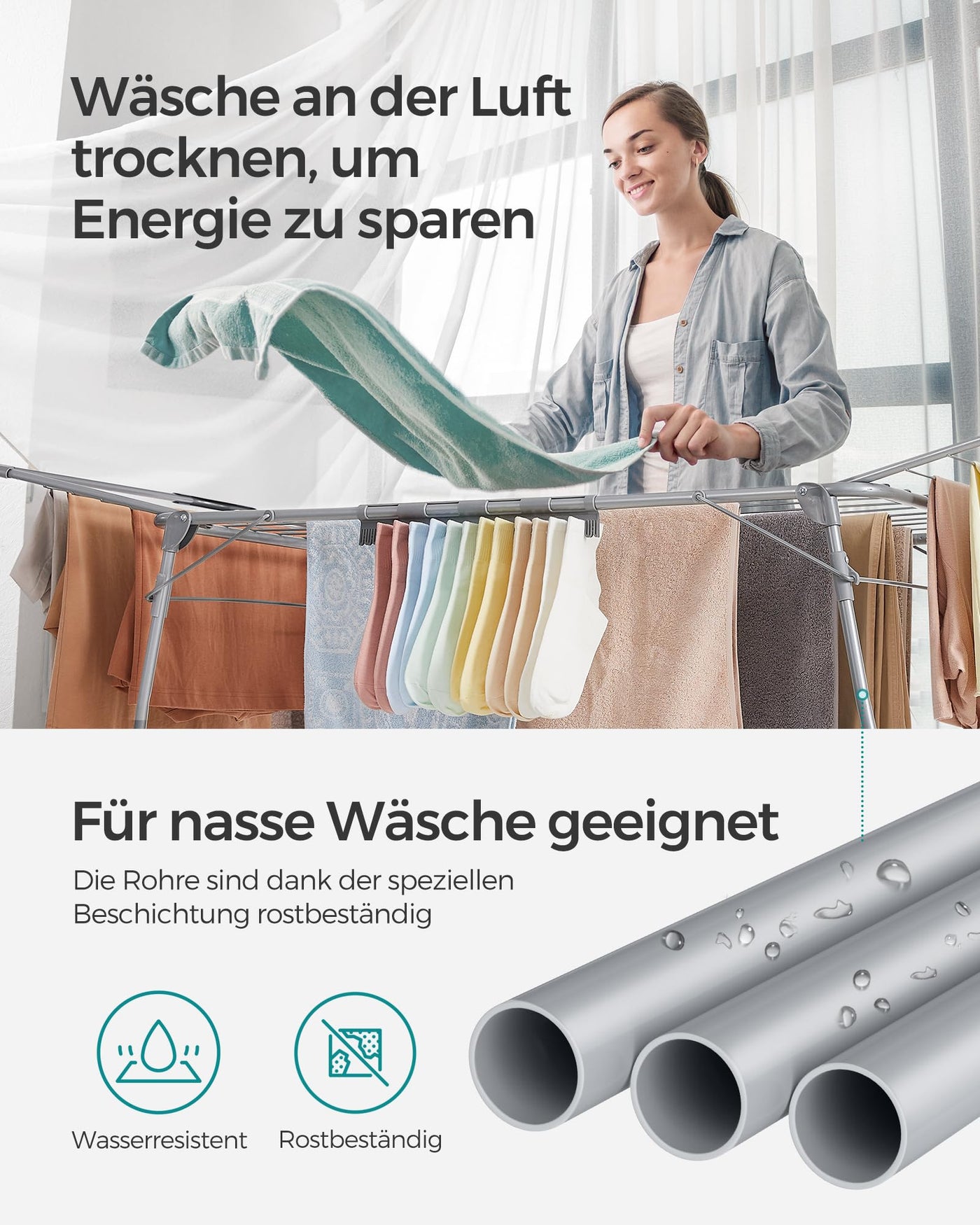 SONGMICS Wäscheständer, Standtrockner 56,5 x 173 x 96,5 cm, Flügelwäscheständer, Flügelwäschetrockner platzsparend, mit Sockenhalter, Metall, für Kleidung, Handtücher, Wäsche, weiß LLR518W01