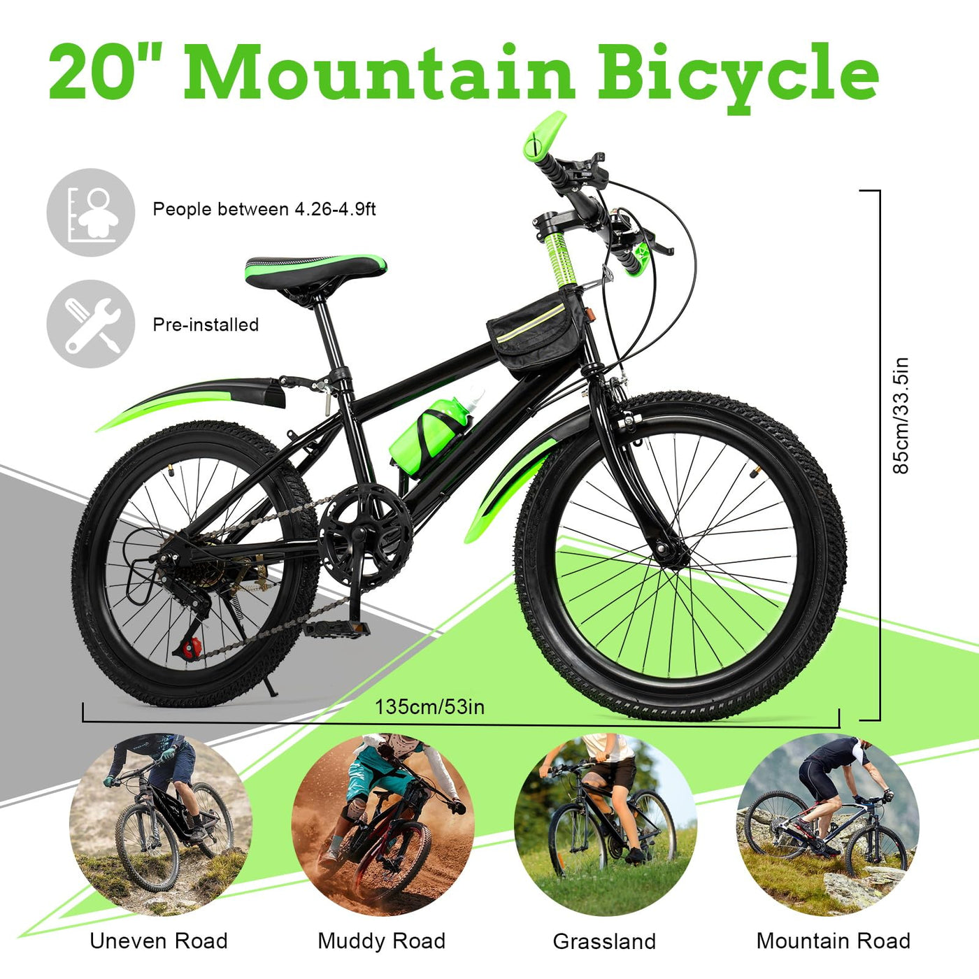 20 Zoll Mädchen 6,8,10 Jahre Mountainbike Kinder Jungen-Fahrrad 24 Zoll 7 Gang-Schaltung Mit Schutzblech Guide Premium Bergsteiger Fahrrad Jugendfahrrad (grün)