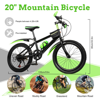 JJsdwin 20 Zoll Kinderfahrrad, 7 Gang Mountainbike Mit Kotflügeln, Kohlenstoffstahl Kinder Fahrrad für Mädchen und Jungen Von 130-150CM, Grün