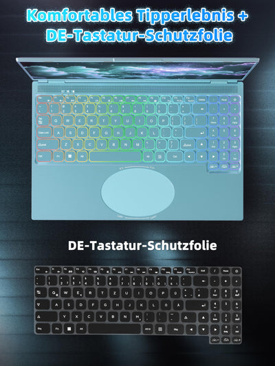 Fsjun 16" Laptop Notebook Blau, N95 bis 3,4 GHz, 16GB RAM 1TB SSD, 2.5K QHD IPS 2560×1600 Screen, 7-farbige beleuchtete Tastatur, Face Unlock, USB-C/HDMI/WiFi/BT, DE Tastaturschutz