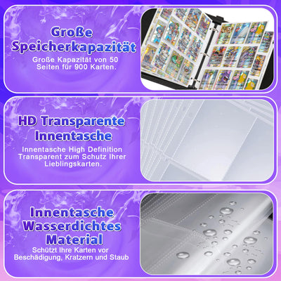 Sammelalbum für Pokemon Karten,900 Taschen Sammelkarten Album 50 Seiten Sammelmappe Karten Heft, Hochwertiges Tragbar Wasserdicht PU Sammelkartenalben Es ist das Geschenk für Kinder,50 Pcs Seite