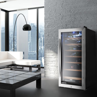 Klarstein Vivo Wine 26 Wine Cellar - Beverage cooler, 26 bottles, 88 L, LED, temperature control, Interchangeable hinge, Door on both sides, stainless steel, Silver
