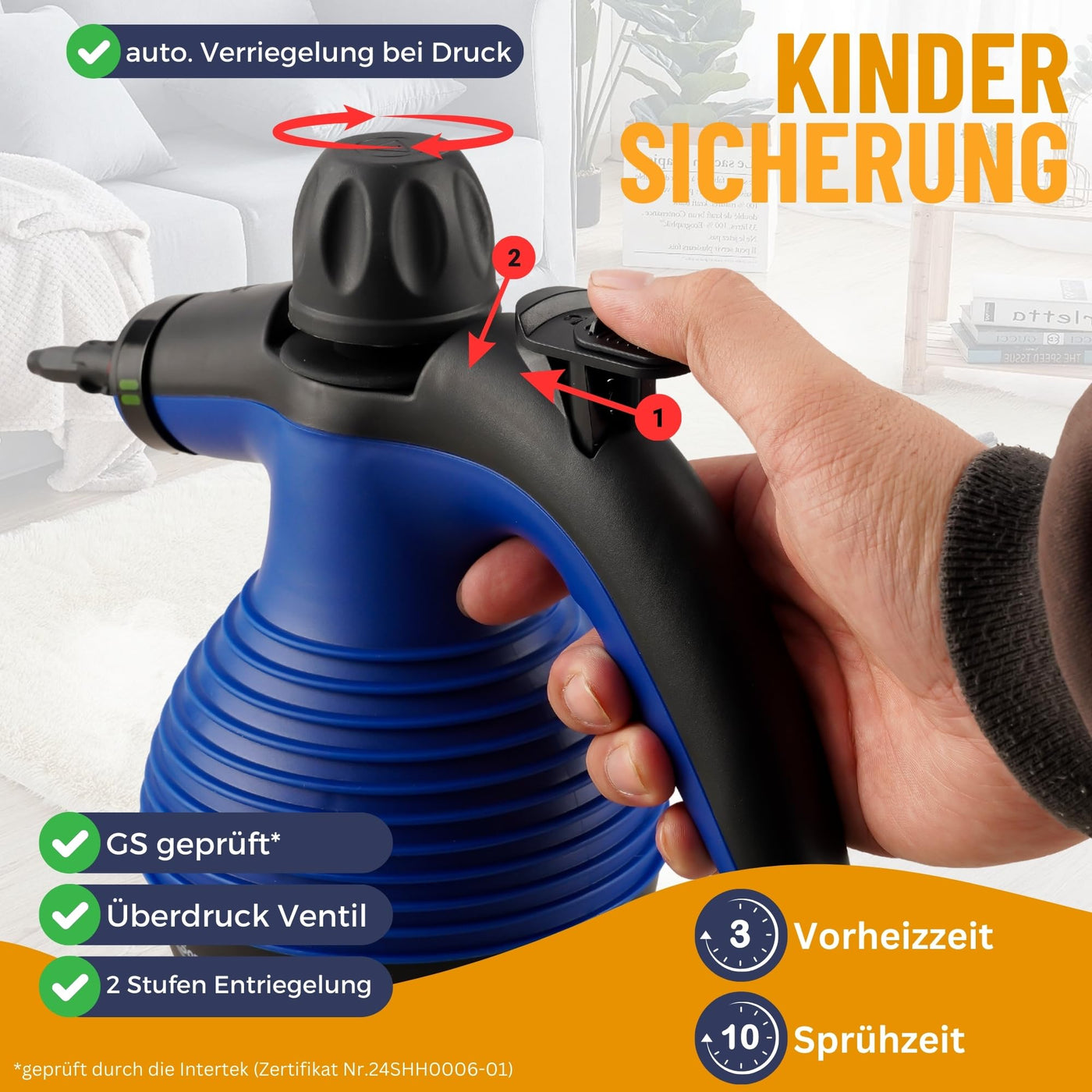 Sommertal SC350 - tragbarer Dampfreiniger inkl Zubehör – kompakter Hand-Dampfreiniger für Polstermöbel, Fliesen, Böden – Steam Cleaner - 350 ml, 110°C Dampf - nachhaltig ohne Chemie - GS geprüft