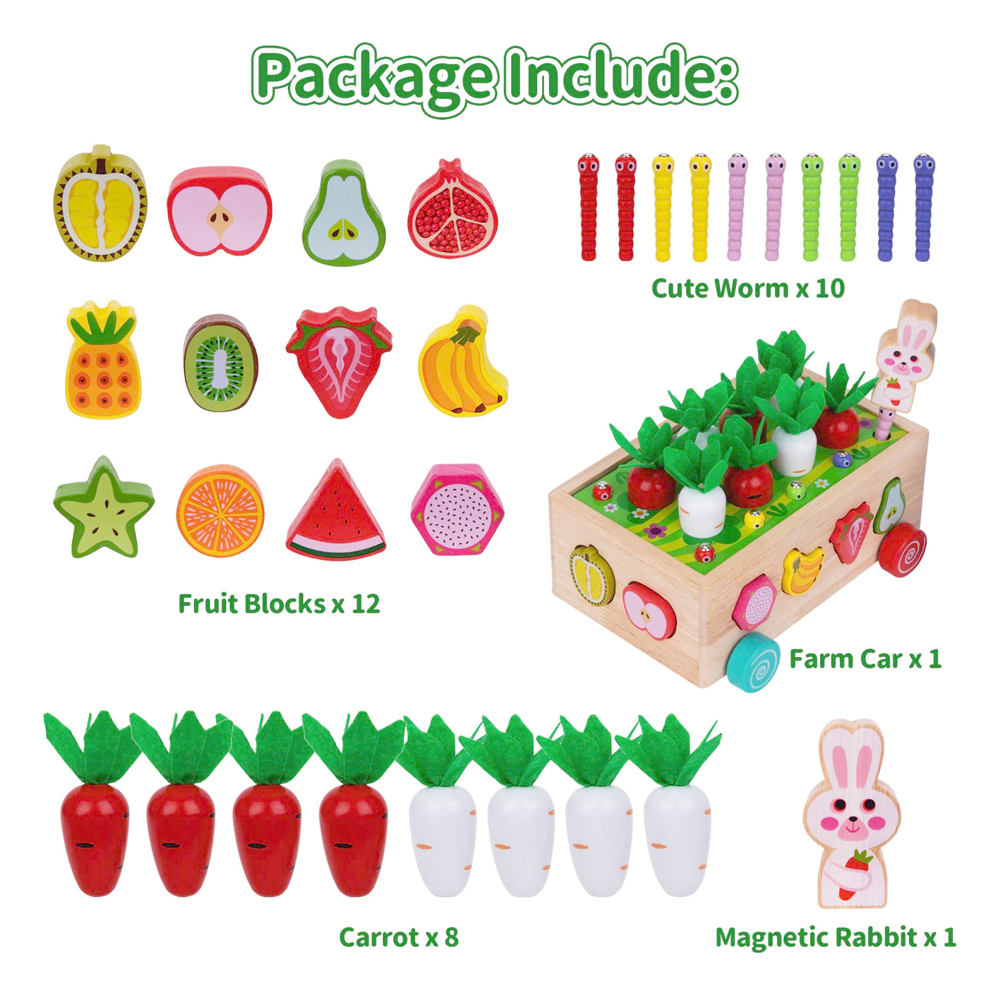 KMTJT Kinder Montessori Spielzeug ab 1 2 3 Jahr | 7-in-1 Holzspielzeug 2 Jahre | Steckspiel Sortierspiel Holzpuzzle Karottenernte | Lernspielzeug Geschenk für Mädchen Jungen Kinder Kleinkind