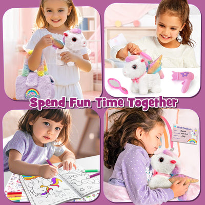G.C Einhorn Geschenke für Mädchen 3 4 5 6 7 8 Jahre mit Elektrisch Einhorn Kuscheltier Spielzeug der Läuft und Bellt, Plüsch Tasche, Pflege Zubehöre, Interaktiv Unicorn Spielzeug Mädchen Geschenk