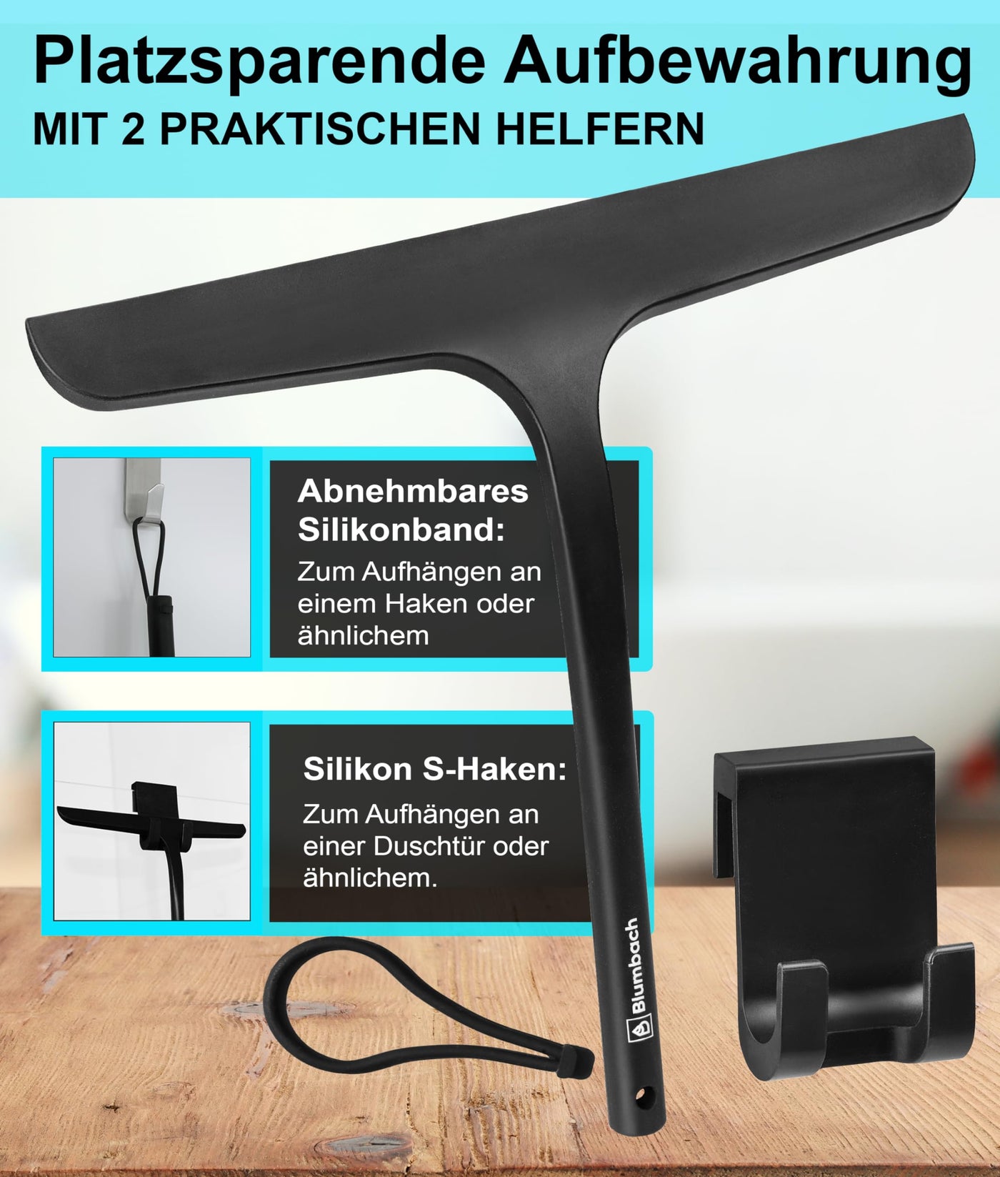 BLUMBACH® Duschabzieher schwarz, Abzieher Dusche mit Halterung 28 cm breit, Fensterabzieher Silikon mit Edelstahl Kern, Dusch Abzieher Wischer, Duschwand Abzieher, Flitsche Dusche, Glasabzieher,
