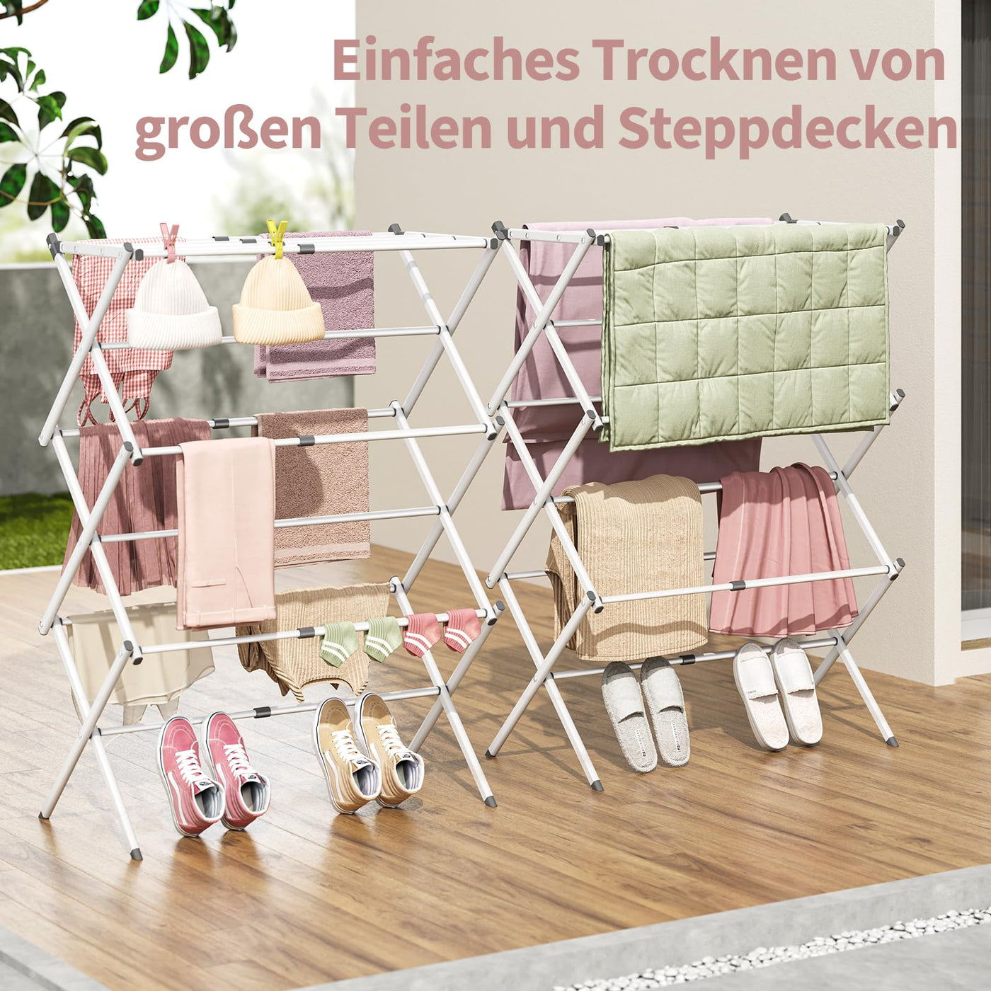 SYKIARIOL Wäscheständer Klappbar Platzsparend, Standtrockner mit 3 Ebenen und 11 Stangen, Kleiner Turmwäscheständer, Faltbarer und ausziehbarer Wäscheturm für Wäscheküche, Weiß