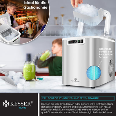 KESSER® Eiswürfelbereiter | Eiswürfelmaschine Edelstahl | Ice Maker | 12 kg 24 h | Zubereitung in 7 min | 2,2 Liter Wassertank | 2 Eiswürfel-Größen | LED-Display | Selbstreinigungsfunktion | Silber