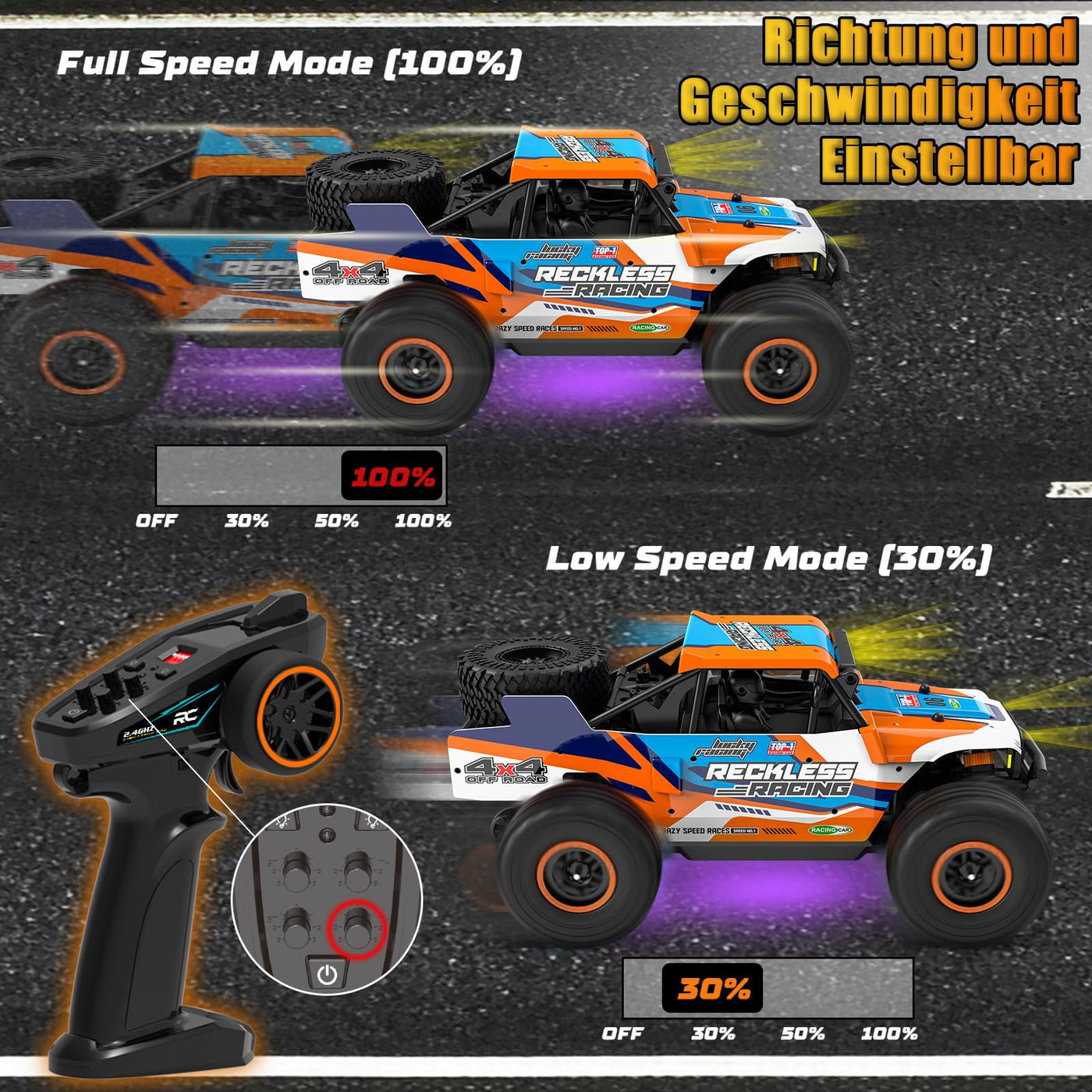 Ferngesteuertes Auto ab 10 Jahre, 32KM/H RC Auto Offroad mit 7 Farben Lichtern, 1/18 RC Monstertruck mit Ersatzreifen, 2.4GHz Monstertruck Ferngesteuert für Kinder Erwachsene, 4WD RTR All Terrain