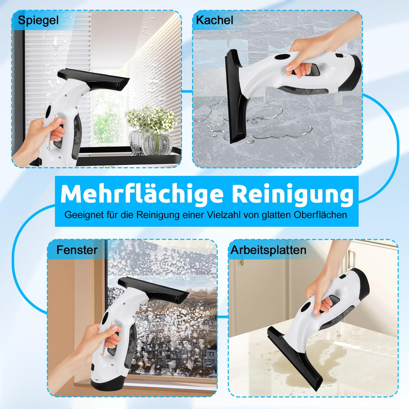 Akku Fenstersauger, 35 Min Laufzeit, 2200mAh Aufladbare Fensterabzieher Mit 150ml Sprühflasche Und 2pcs Wechselbare Absaugdüse, Wischtuchaufsatz für Fenster, Fliesen, Dusche