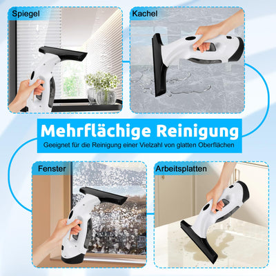 Akku Fenstersauger, 35 Min Laufzeit, 2200mAh Aufladbare Fensterabzieher Mit 150ml Sprühflasche Und 2pcs Wechselbare Absaugdüse, Wischtuchaufsatz für Fenster, Fliesen, Dusche