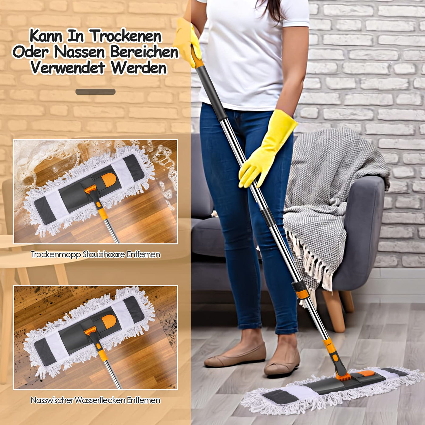Myiosus Bodenwischer, Wischmopp groß, 60cm Breit wischer Boden, Industrieller Mop mit 126cm Edelstahl Teleskopstiel, 360° drehbarer Flachmopp für Hartholz Fliesen Marmor Laminat (2 Mikrofaser Pads)