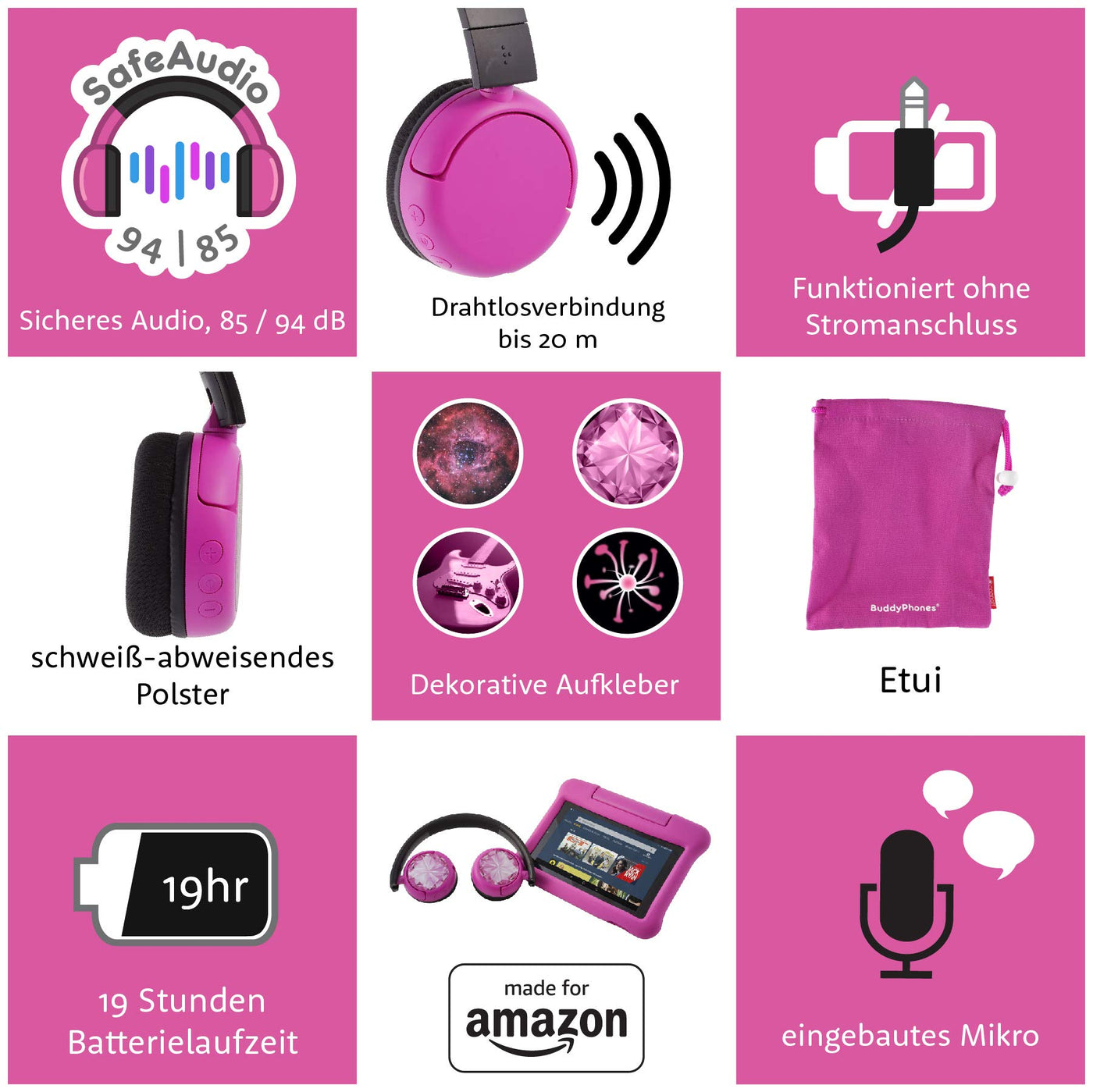 BuddyPhones PopTime, „Made for Amazon“, Pink (Altersklasse: 8-15 Jahre)