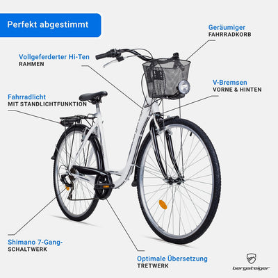 Bergsteiger Florenz 28 Zoll Damenfahrrad mit Korb, Beleuchtung & Schaltung, ab 160 cm, Damen Fahrrad mit Shimano 7 Gangschaltung, Retro Damenrad