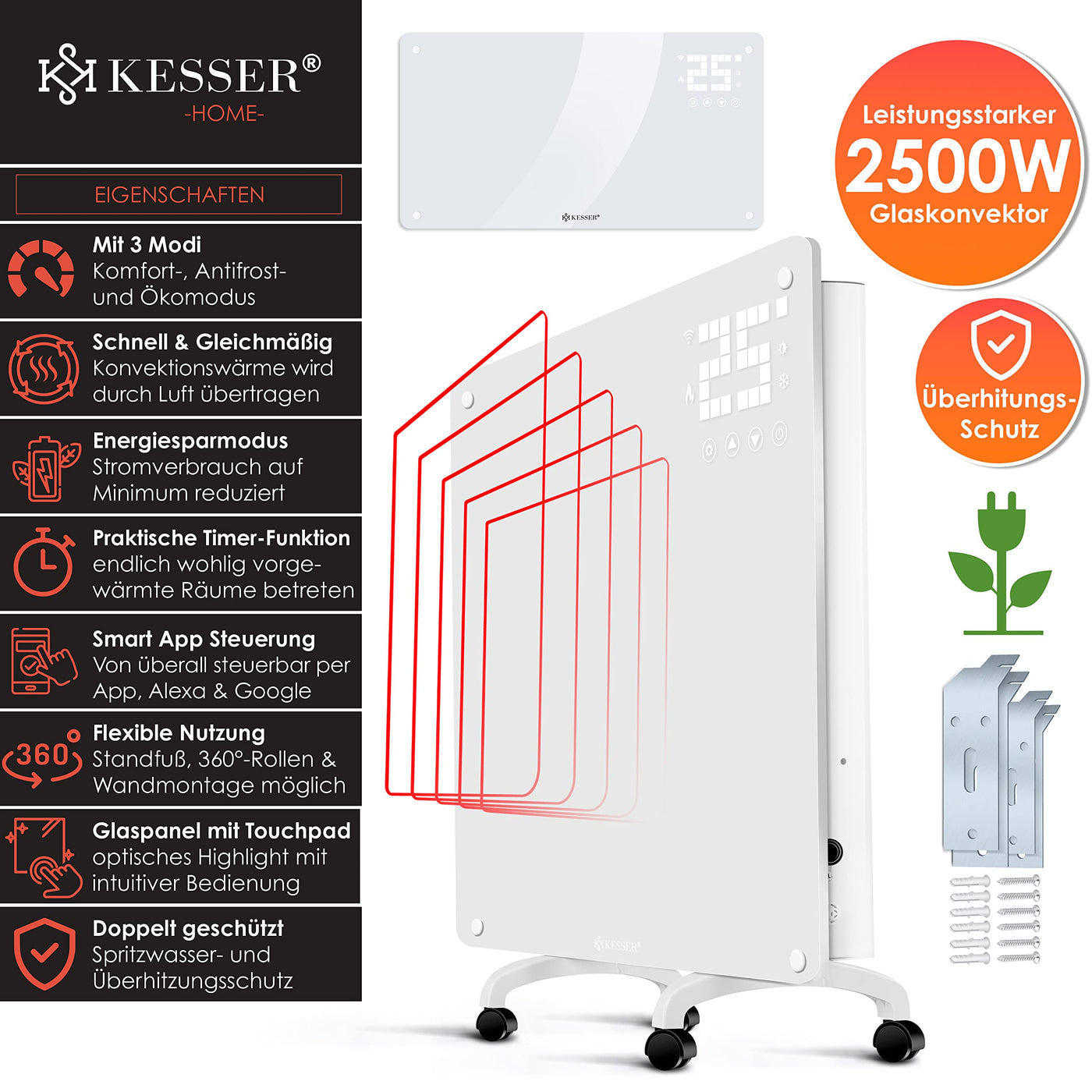 KESSER® Glaskonvektor Glasheizung Elektroheizkörper APP WiFi Funktion Inkl. Fernbedienung Elektroheizung Stand- oder Wand Heizung Heizkörper | Touchscreen | LCD-Display | Timer | 2500 Watt | Weiß