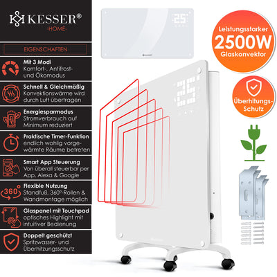 KESSER® Glaskonvektor Glasheizung Elektroheizkörper APP WiFi Funktion Inkl. Fernbedienung Elektroheizung Stand- oder Wand Heizung Heizkörper | Touchscreen | LCD-Display | Timer | 2500 Watt | Weiß