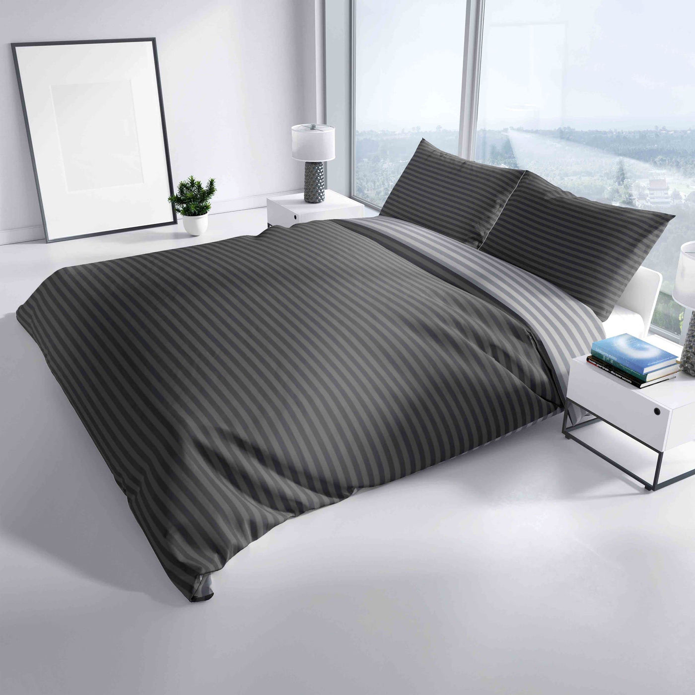 Leonado Vicenti Bettwäsche Baumwolle 135x200 Silber Grau Gestreift Set Schlafzimmer Garnitur Wendebettwäsche Bezug Decke mit Reißverschluss