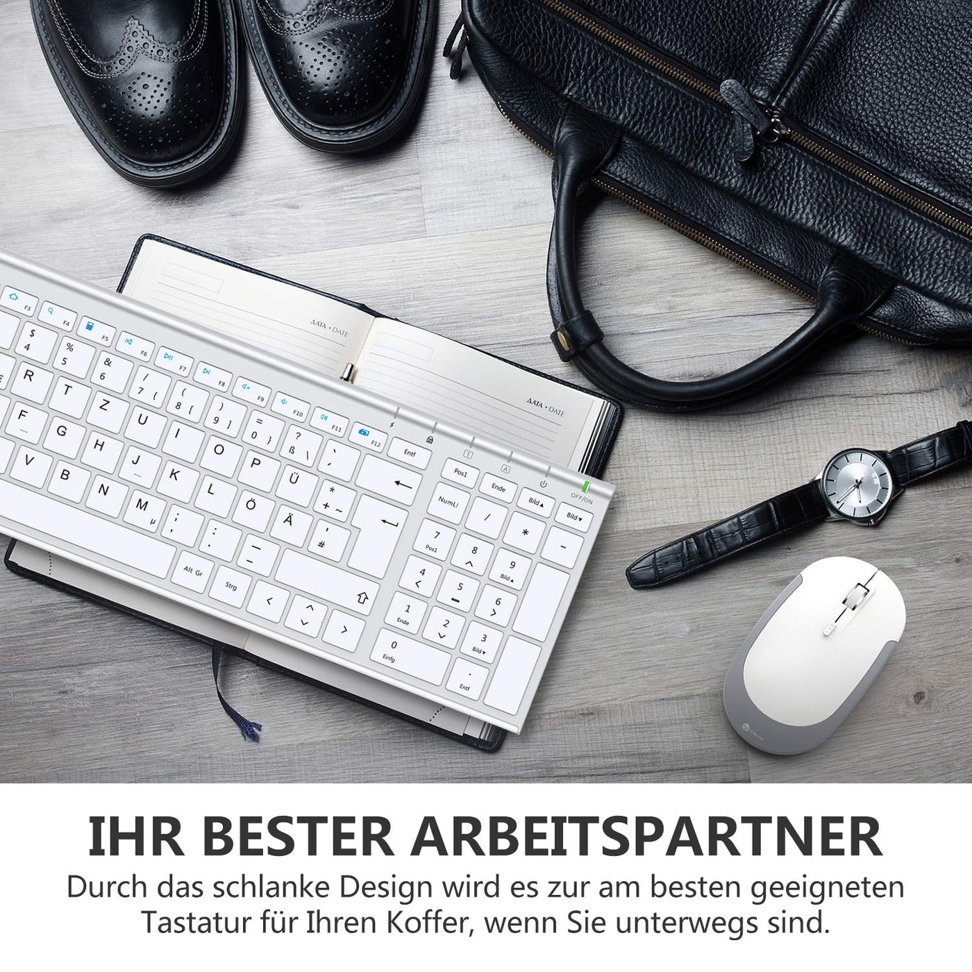 iClever Kabellos Tastatur Maus Set, Wiederaufladbare Kabellose Tastatur und Maus, QWERTZ Layout (Deutsch), Ultra Thin für Computer/Desktop/PC/Laptop/Windows 10/8/7, Weiß und Silber