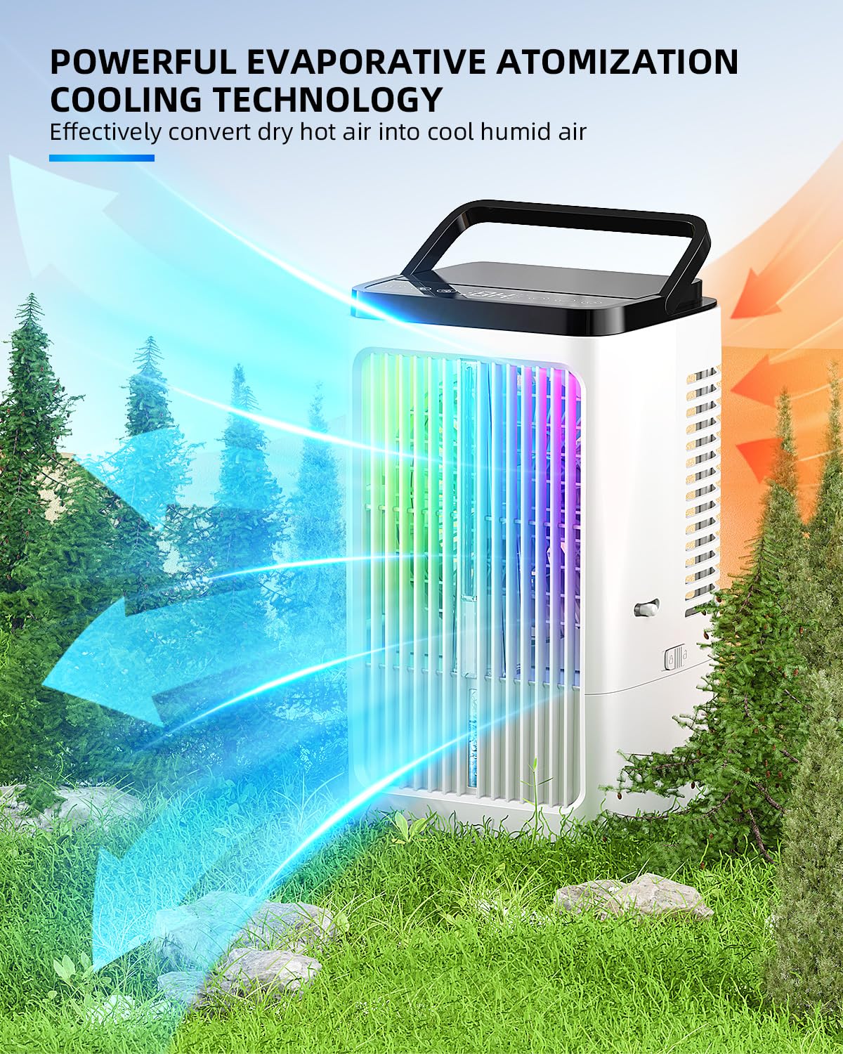 Tragbare Klimaanlage, 1500ml Lüfter, 4 Geschwindigkeiten, 7 Farben LED-Beleuchtung, 2 Sprühfunktionen und 1-8 Stunden Timer, perfekt für Schlafzimmer, Büro